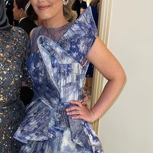 Blue and white floral evening gown